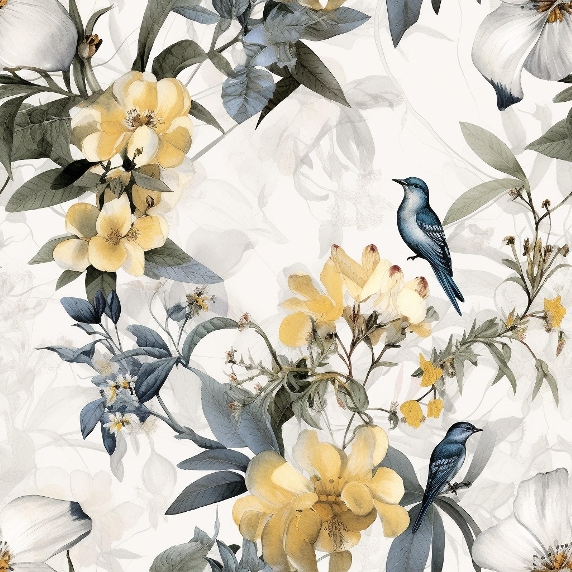 Yellow Florals with Blue Birds