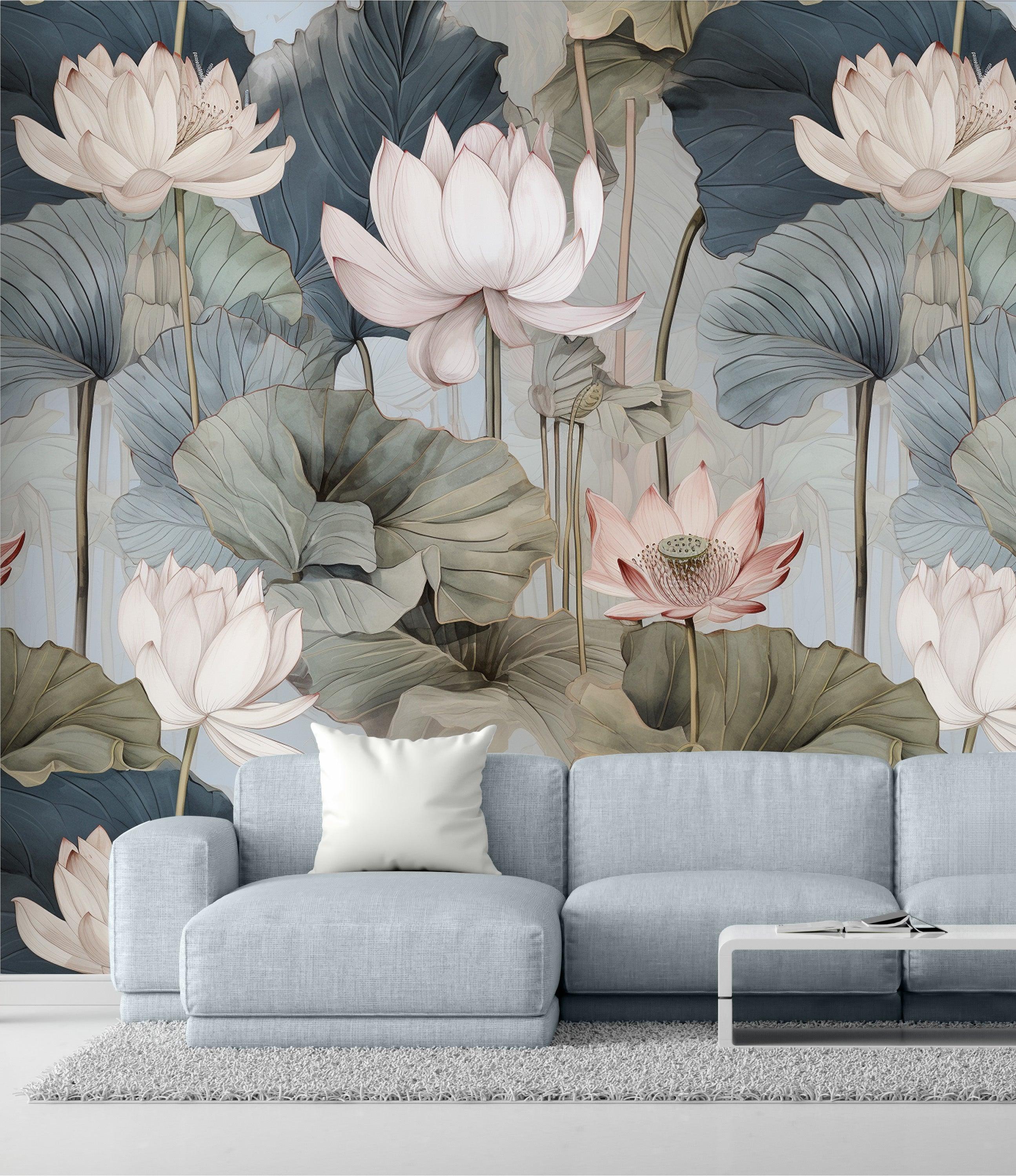 Pink Lotus Teal Leaves