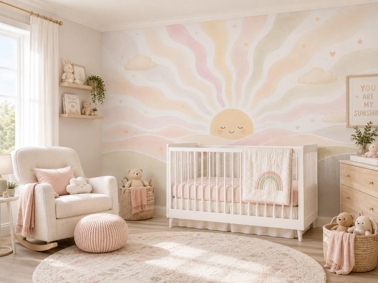 Hello Sunshine pastel sun mural styled on a nursery wall above a white crib