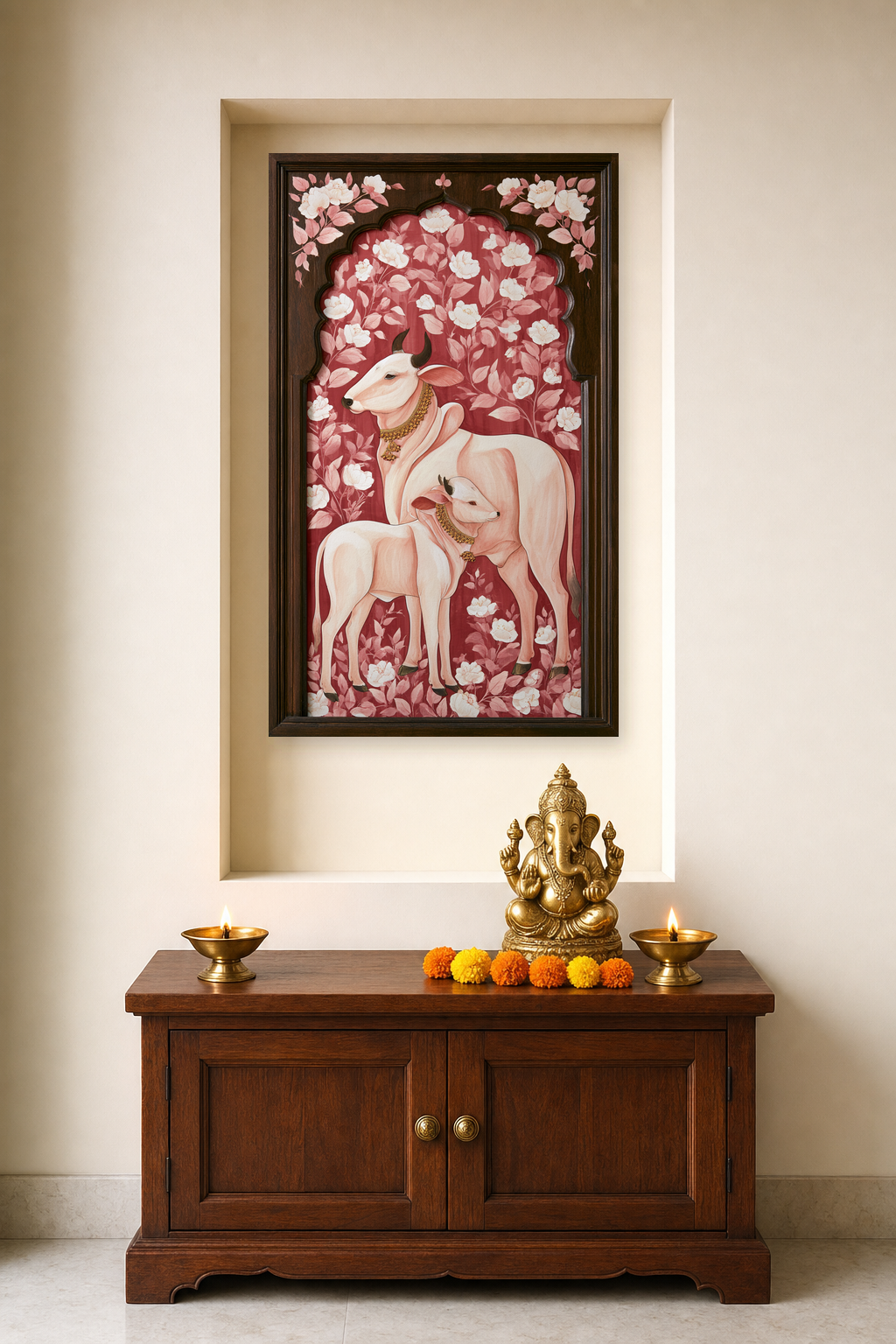 Lotus Procession — as a pooja backdrop in a niche, deity on the cabinet in front