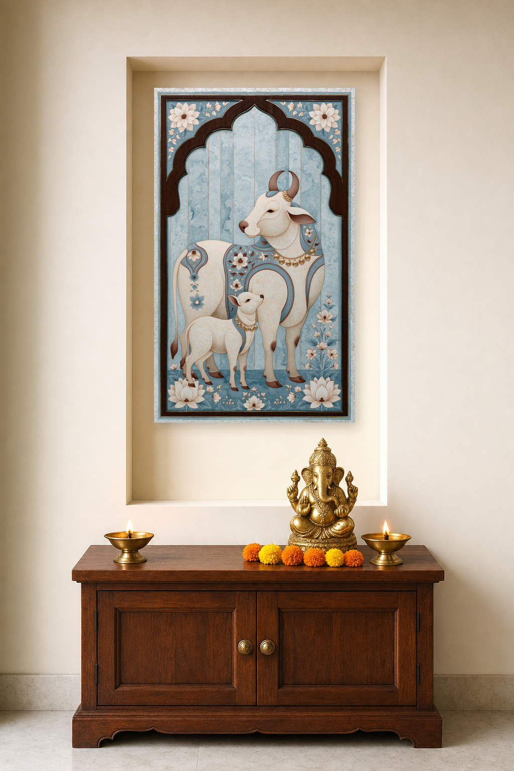 Sacred Bovine Abundance — as a pooja backdrop in a niche, deity on the cabinet in front