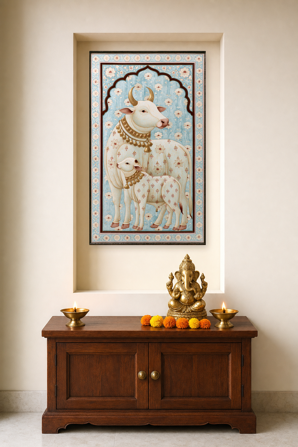 Sacred Bovine Bloom — as a pooja backdrop in a niche, deity on the cabinet in front