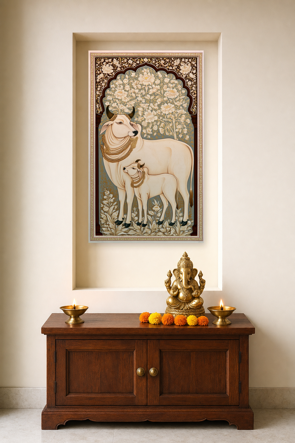 Sacred Bovine Bloom III — as a pooja backdrop in a niche, deity on the cabinet in front