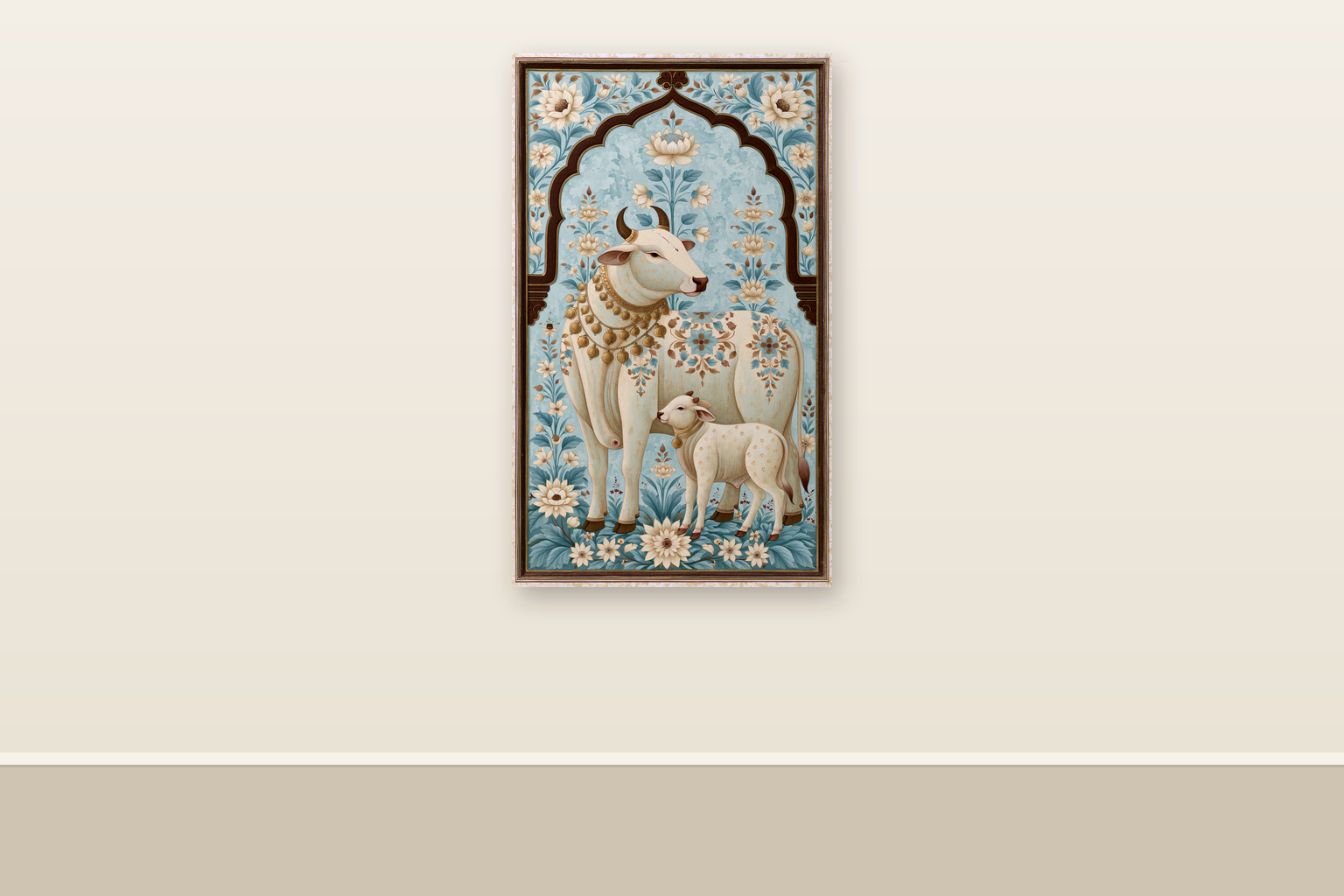 Sacred Bovine Grace — ready-size art panel shown at 36in x 60in on a plain wall
