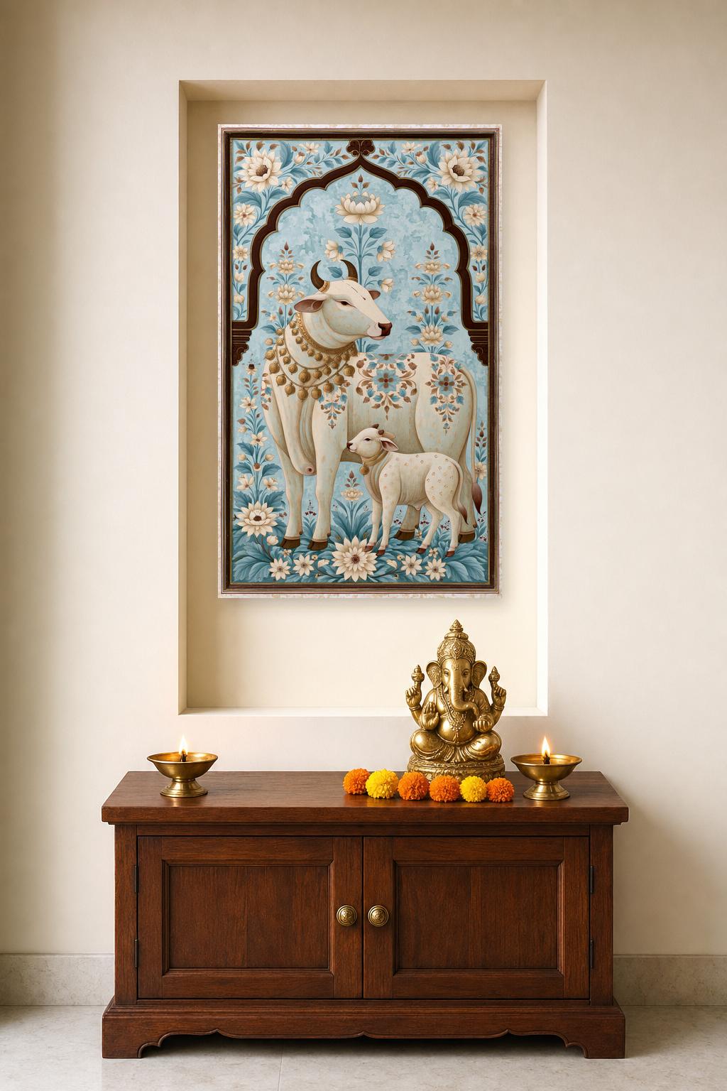 Sacred Bovine Grace — as a pooja backdrop in a niche, deity on the cabinet in front