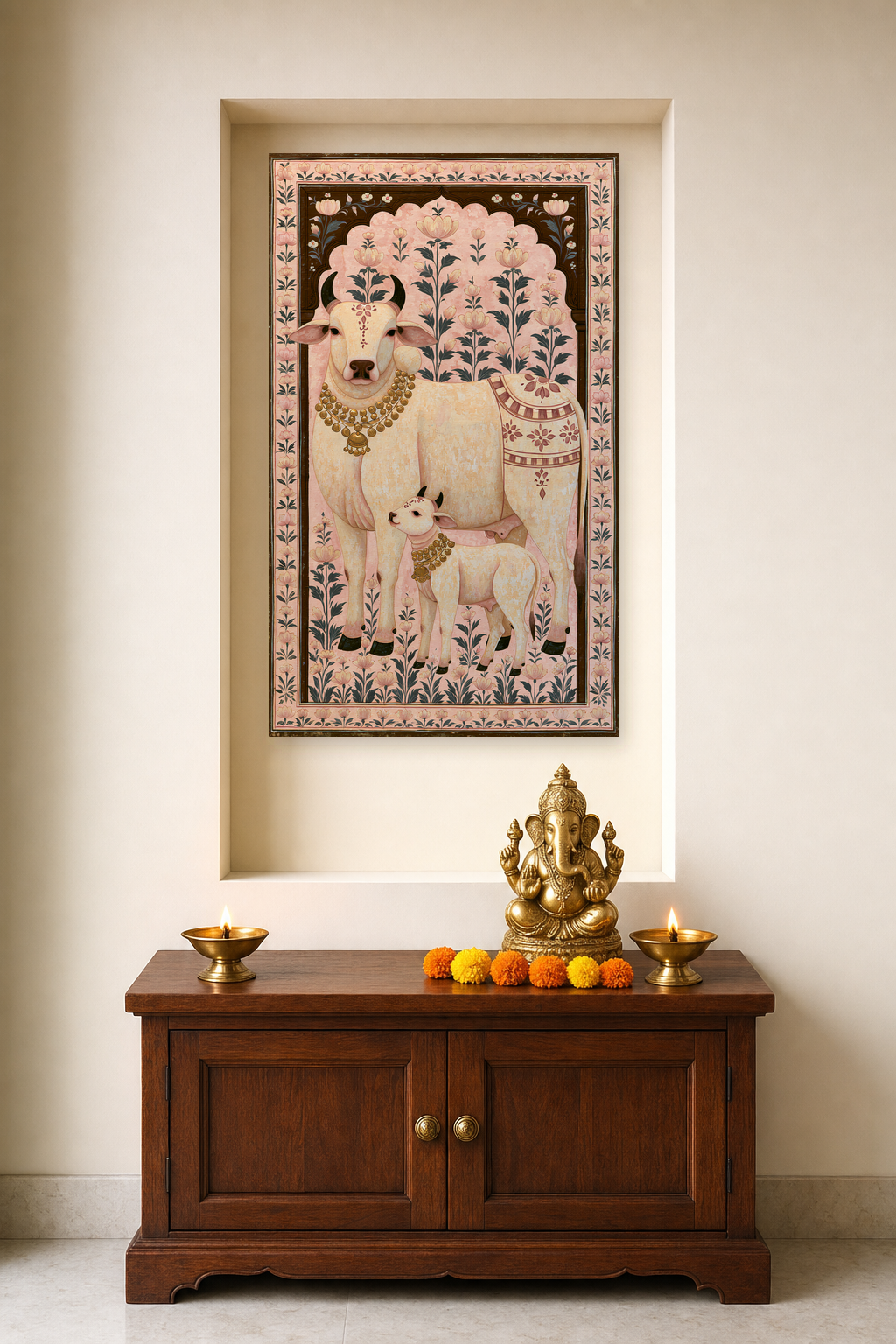 Sacred Bovine II — as a pooja backdrop in a niche, deity on the cabinet in front