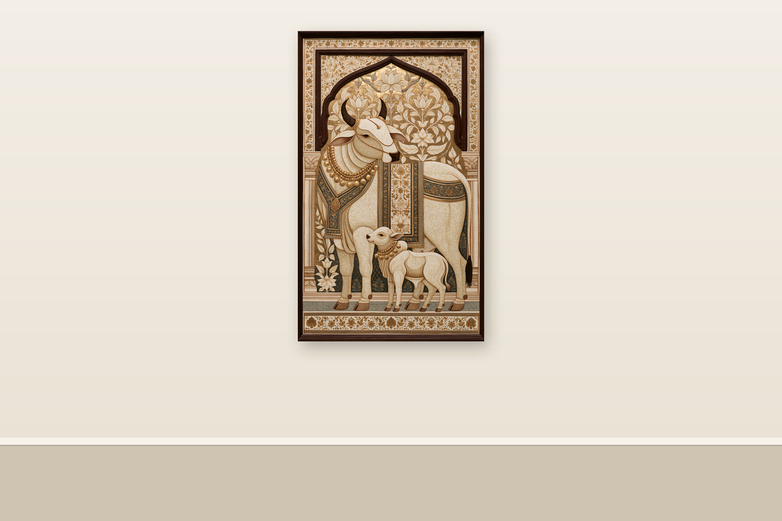 Sacred Bovine Procession II — ready-size art panel shown at 36in x 60in on a plain wall