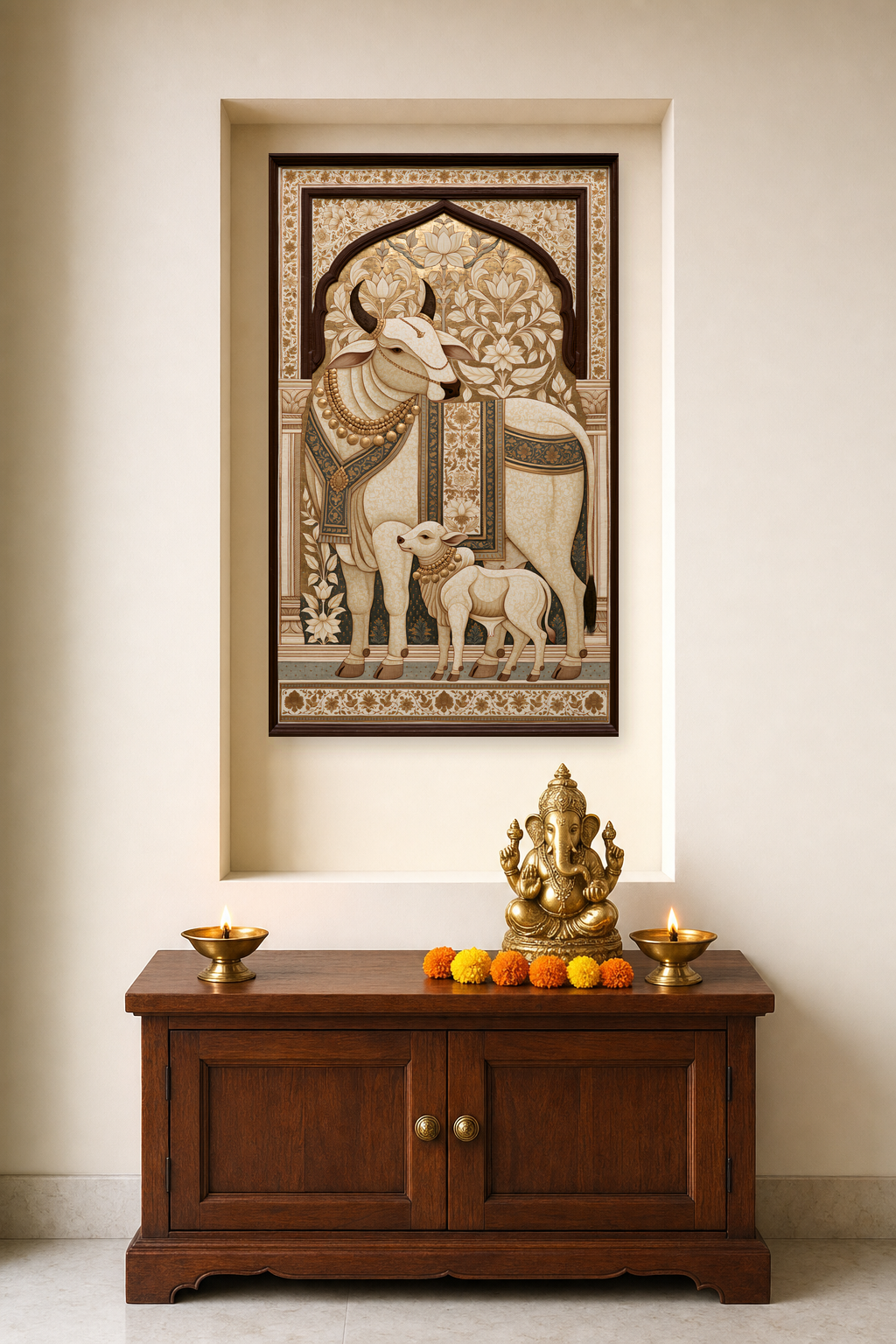 Sacred Bovine Procession II — as a pooja backdrop in a niche, deity on the cabinet in front