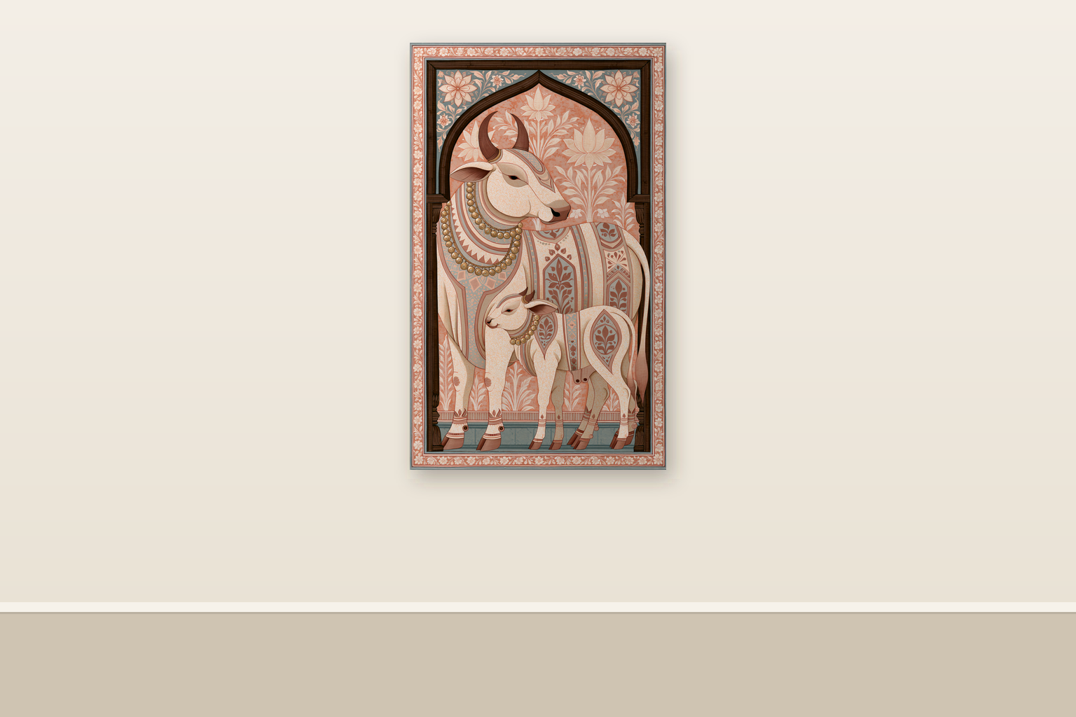 Sacred Bovine Procession — ready-size art panel shown at 36in x 60in on a plain wall