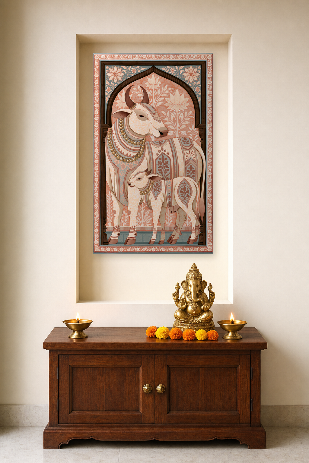 Sacred Bovine Procession — as a pooja backdrop in a niche, deity on the cabinet in front