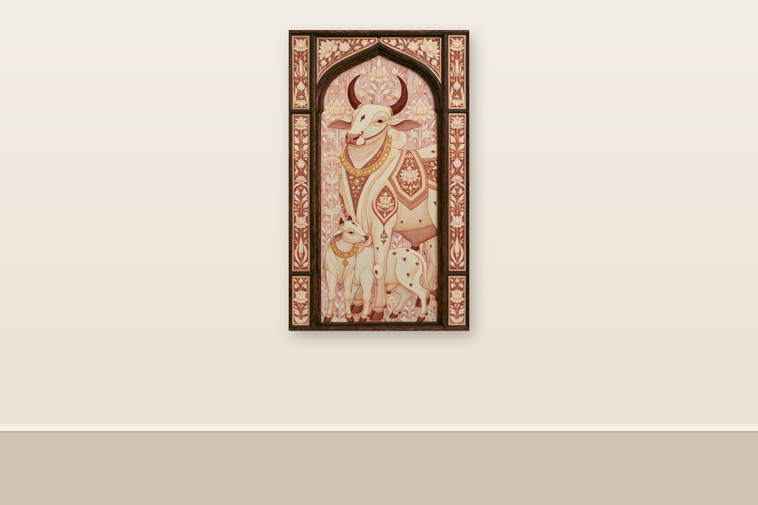 Sacred Bovine Reverie — ready-size art panel shown at 36in x 60in on a plain wall