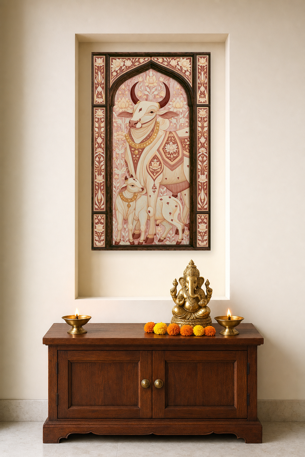 Sacred Bovine Reverie — as a pooja backdrop in a niche, deity on the cabinet in front