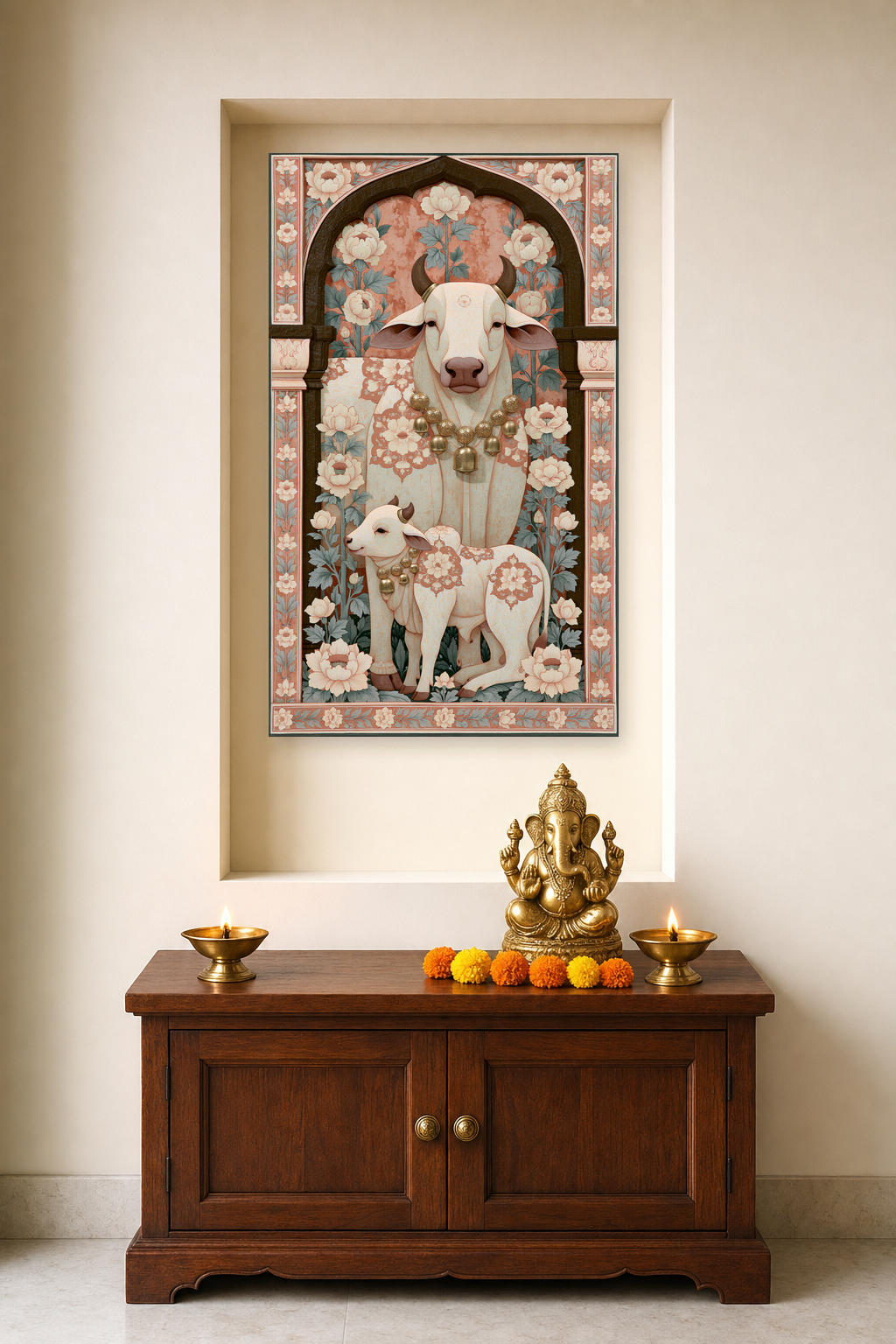 Sacred Bovine Sanctuary — as a pooja backdrop in a niche, deity on the cabinet in front