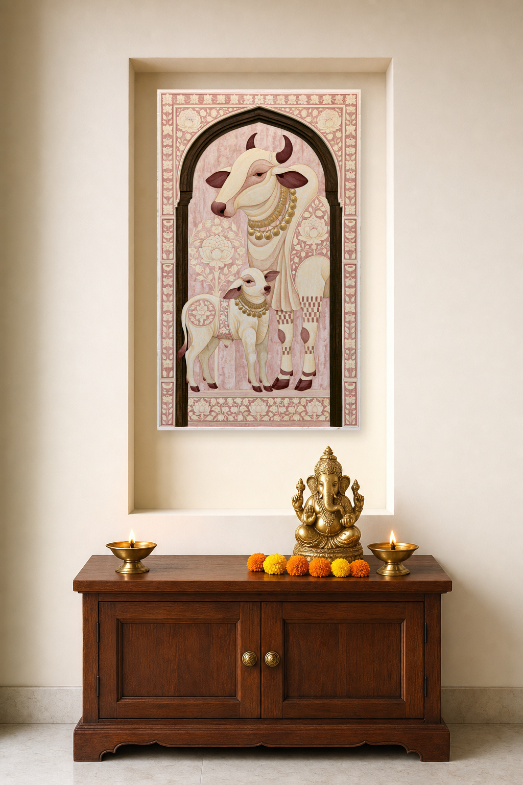 Sacred Bovine — as a pooja backdrop in a niche, deity on the cabinet in front